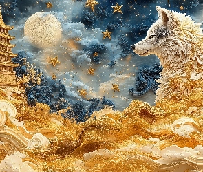 Księżyc, Chmury, Wilk, Gwiazdy, Budowla, Grafika AI, Głowa