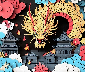 Domy, Fantasy, Mozaika, Kolorowa, Smok