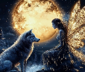 Księżyc, Zima, Skrzydła, Fantasy, Las, Kobieta, Wilk