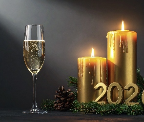 Nowy Rok, Szampan, Data, Kieliszek, Gałązki, 2026, Szyszka, Świece