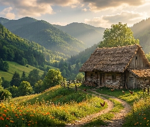 Góry, Łąka, Drzewa, Kwiaty, Ścieżka, Ogrodzenie, Lasy, Dolina, Dom