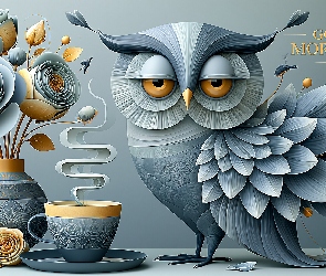 Powitanie, Napis, Sowa, Grafika AI, Kwiaty, Zaspana, Kawa