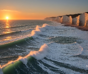 Fale, Klify, Morze, Białe, Anglia, Grafika, Wielka Brytania, Seven Sisters