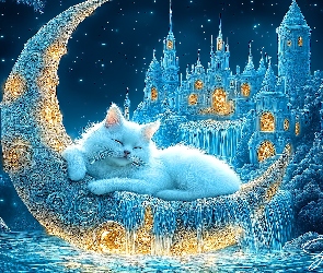 Zamek, Śpiący, Księżyc, Fantasy, Kot, Noc, Gwiazdy