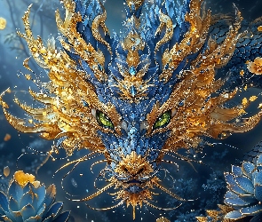 Złoto-niebieski, Kwiaty, Głowa, Smok, Fantasy