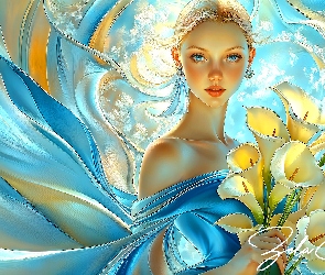 Grafika, Kalie, Niebieska, Kobieta, Suknia, Kwiaty