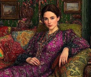 Sofa, Poduszki, Kobieta