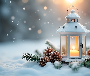 Grafika, Zima, Szyszki, Lampion, Świerk, Śnieg