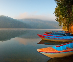 Jezioro, Phewa, Nepal, Łodzie, Poranek, Pokhara