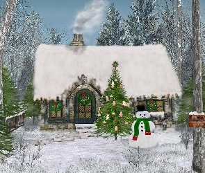 Boże Narodzenie, domek, bałwanek