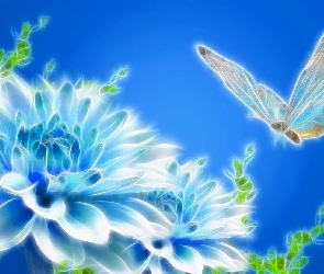 Niebieskie, 3D, Kwiat, Motyl, Tło