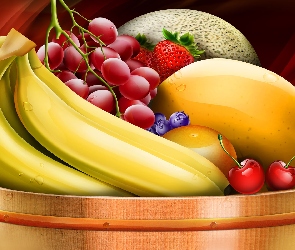Winogrona, Owoce, 2D, Truskawki, Banany