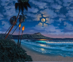 Plaża, Księżyc, Pochodnie, Morze, Palmy