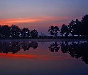 Słońce, Zachodzące, Jezioro, Leszczewek