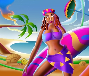 Grafika, Surfing, Kobieta, Deska