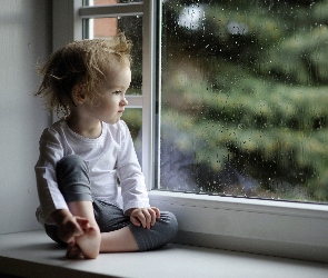 Dziecko, Deszcz, Okno