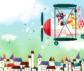 Lot, Fantasy, Kraina, Samolot, Pajacyk