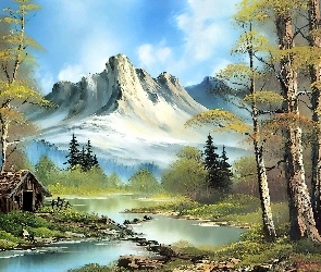 Rzeka, Bob Ross, Góry, Chatka, Krajobraz