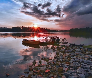 Jezioro, Łódka, Kamienny, Brzeg
