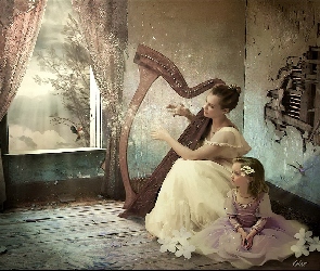 Kobieta, Harfa, Dziewczynka