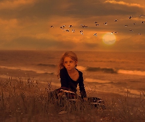 Dziewczynka, Ptaki, Plaża