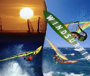 Windsurfing, deska, Zachód Słońca, morze, fala, żagiel