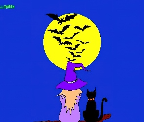 Halloween, księżyc, kot