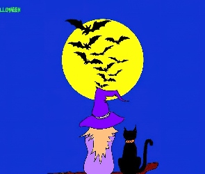 kot , księżyc, Halloween