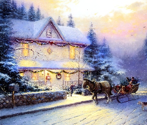 Choinka, Domek, Święta, Sanie