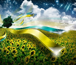 3d, Chmury, Drzewo, Słoneczniki