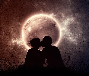 Noc, Pocałunek, Para, Zakochanych, Księżyc