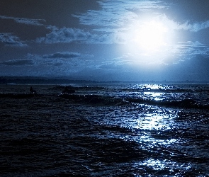 Morze, Księżyc, Noc, Fale