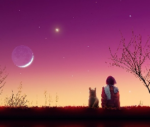 Jesień, Księżyc, Człowiek, Pies