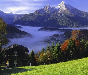 Niemcy, Domek, Góry, Mgła, Bavaria