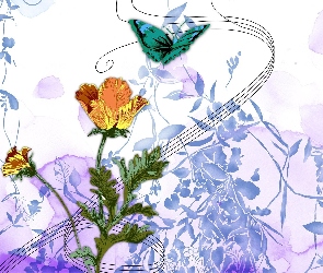 Kwiaty, Wzorki, Niebieskie, Motylek, Żółte