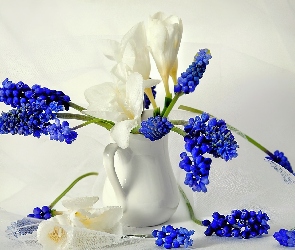 Niebieskie, Wazon, Kwiaty, Białe