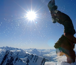 Snowbording, słońce, śnieg, góry , deska