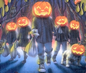 Halloween, ludzie z dyniami na głowie