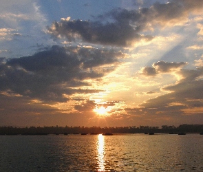 Słońca, Chmury, Ciemne, Jezioro, Zachód