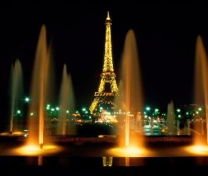 Wieża Eiffla, Fontanna, Francja, Światła, Paryż, Noc