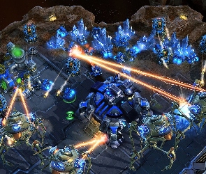 Starcraft 2, roboty, laser, kosmos, miasto