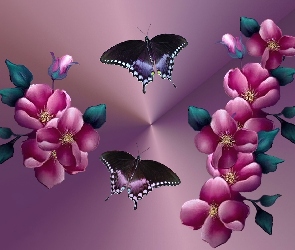 Kwiaty, Grafika, Motyle