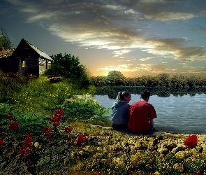 Słońca, Domek, Jezioro, Zakochani, Zachód