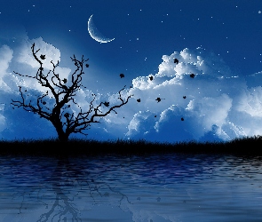 Grafika, Księżyc, Drzewo, Jezioro, Odbicie, Chmury