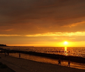 Plaża, Morze, Zachód, Słońca