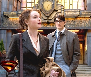 budynek, płaszcz, Kate Bosworth, Superman Returns, Brandon Routh, zegar