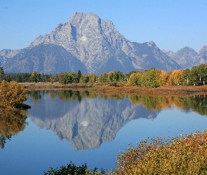 Stan Wyoming, Góry Mount Moran, Rzeka Snake River, Park Narodowy Grand Teton, Stany Zjednoczone