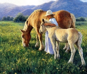Kobieta, Rysunek, Konie