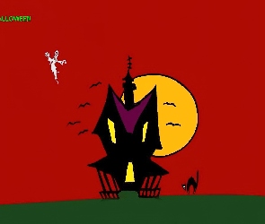 kot, księżyc , Halloween, domek