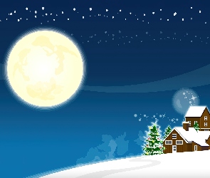 Boże, Narodzenie, Choinka, Księżyc, Domek, Noc